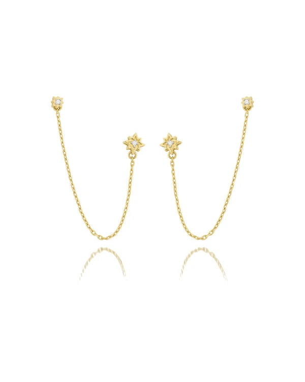 Brinco Duplo Estrela Corrente Diamante | Ouro Amarelo 18k