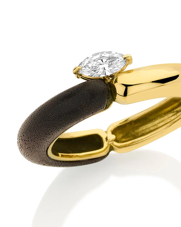 Anel Hygge Diamante Navete e Madeira | Ouro Amarelo 18k