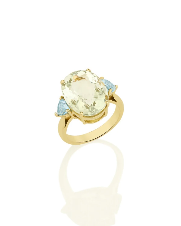 Anel Prasiolita e Topázio Azul | Ouro Amarelo 18k