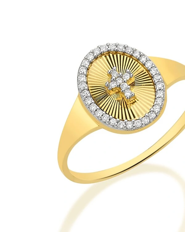 Anel Oval Cruz e Diamante | Ouro Amarelo 18k