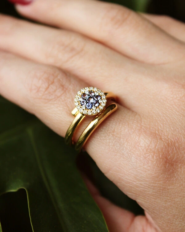 Anel Espiral Flor Tanzanita Diamante | Ouro Amarelo 18k