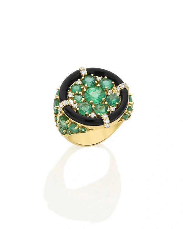 Anel Onix, Esmeralda e Diamante | Ouro Amarelo 18k