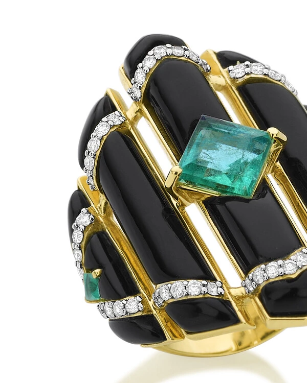Anel Onix, Esmeralda e Diamante | Ouro Amarelo 18k