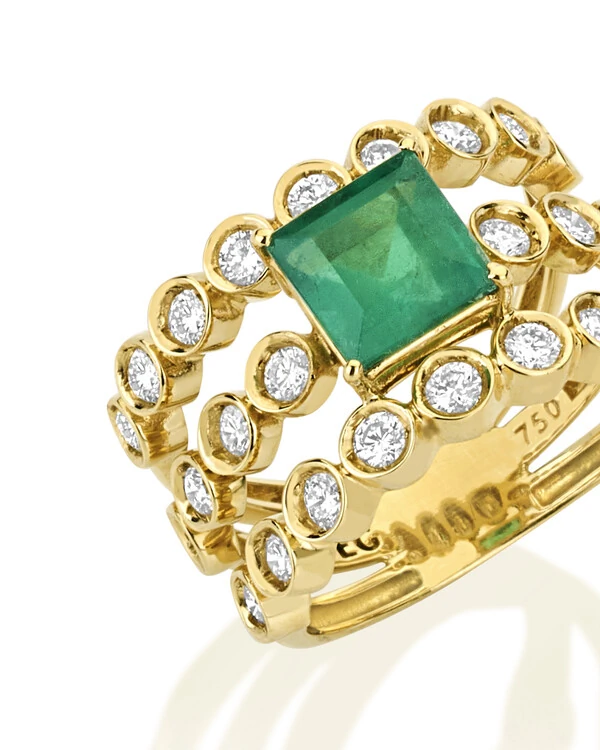 Anel Duet Esmeralda e Diamante | Ouro Amarelo 18k
