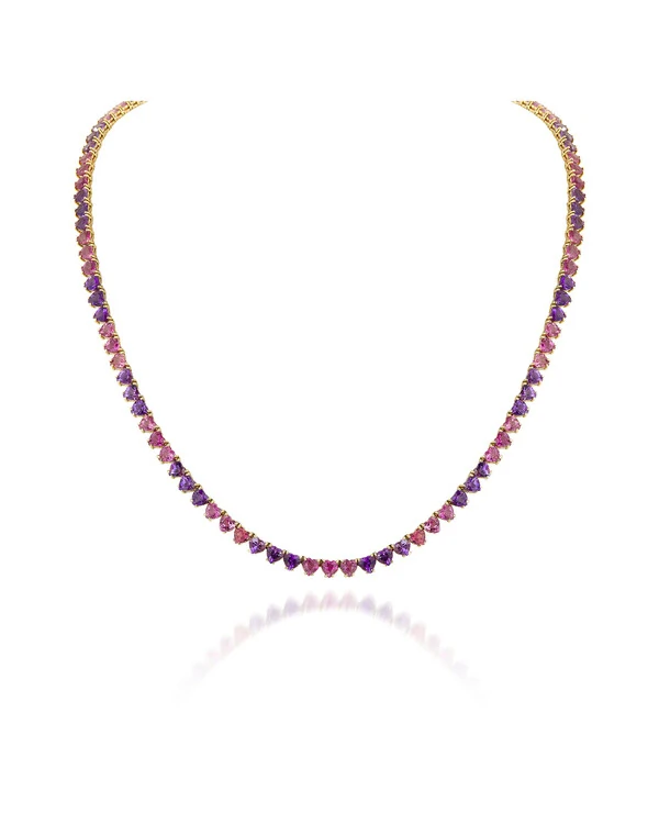 Colar Riviera Corações Ametista e Turmalina Rosa | Ouro Amarelo 18k