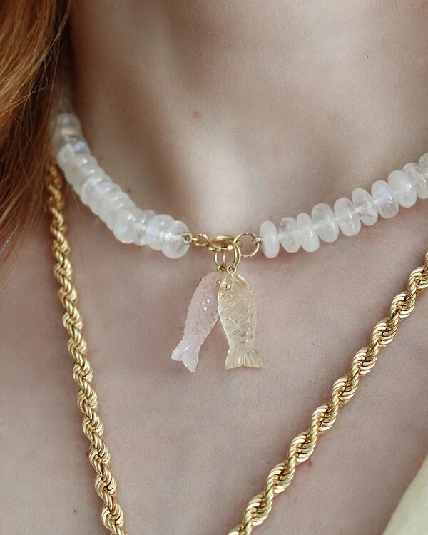 Pingente Peixe Quartzo Rosa | Ouro Amarelo 18k