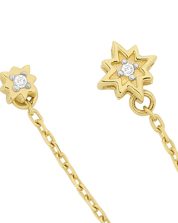 Brinco Duplo Estrela Corrente Diamante | Ouro Amarelo 18k