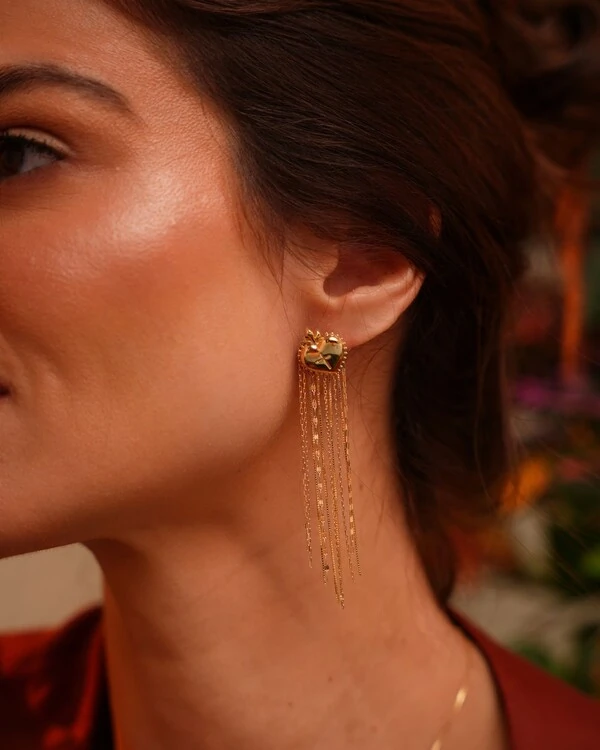 Brinco Coração Cruz Franjas | Ouro Amarelo 18k