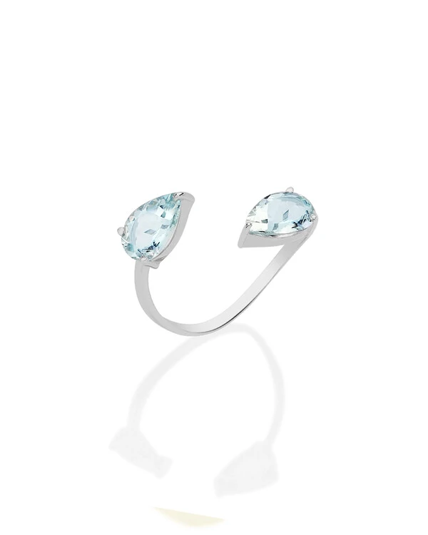 Anel Duas Gotas Água Marinha | Ouro Branco 18k