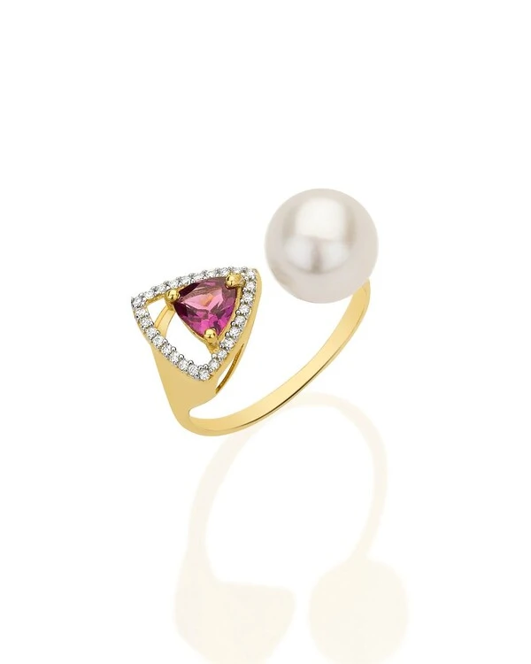 Anel Aberto Pérola e Rodolita | Ouro Amarelo 18k