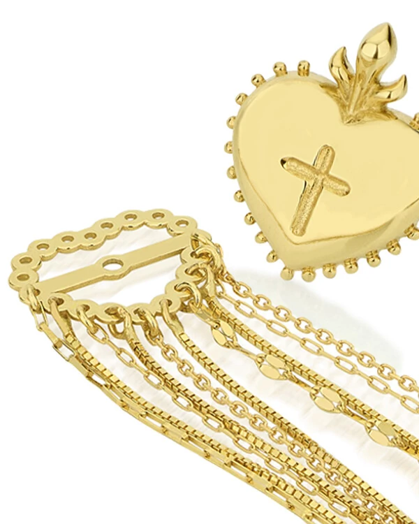Brinco Coração Cruz Franjas | Ouro Amarelo 18k