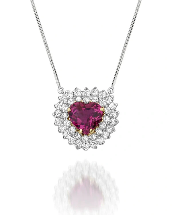 Colar Coração Rubelita e Diamante | Ouro Branco 18k