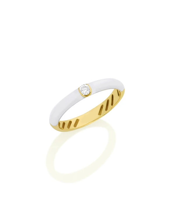 Anel Resina Branca Diamante | Ouro Amarelo 18k