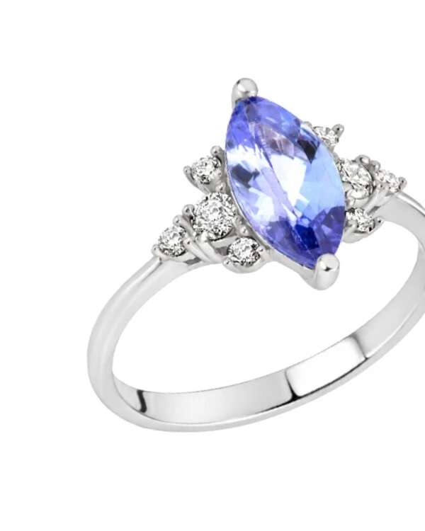 Anel Tanzanita Navete e Diamante | Ouro Branco 18k