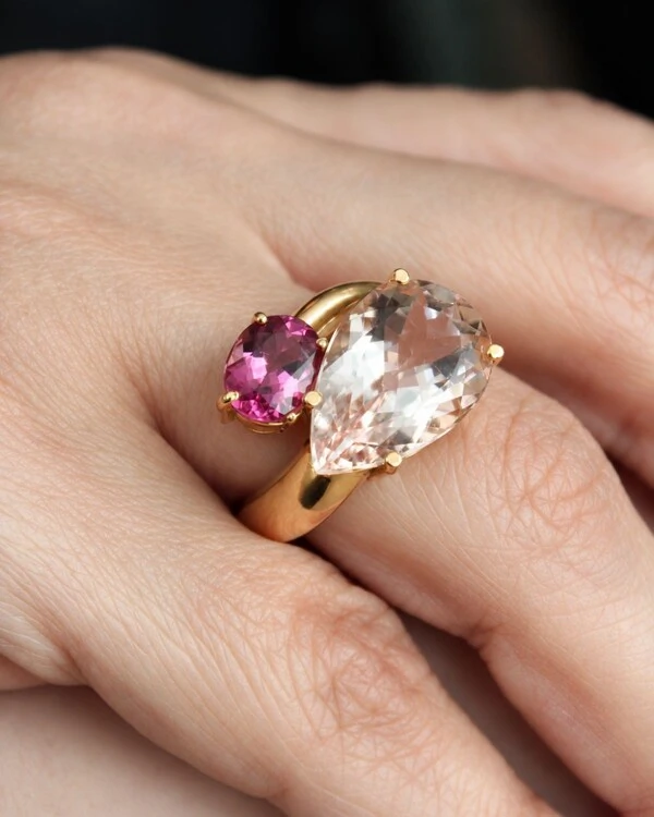 Anel Morganita e Turmalina Rosa | Ouro Amarelo 18k