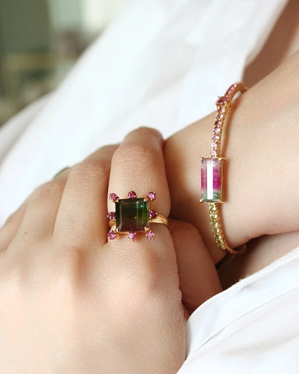 Anel Turmalina Bicolor e Turmalina Rosa