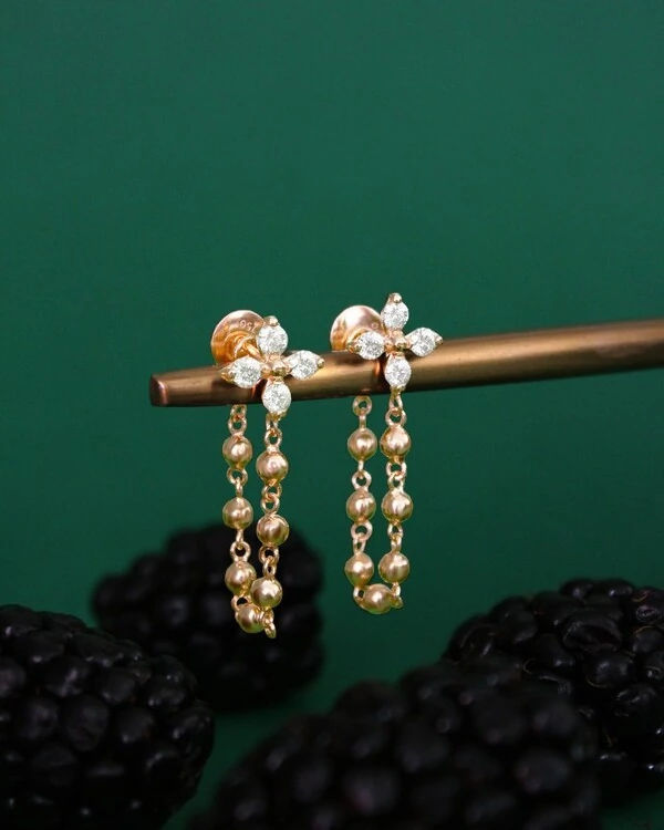 Brinco Flor Diamante Corrente Bolinha | Ouro Amarelo 18k