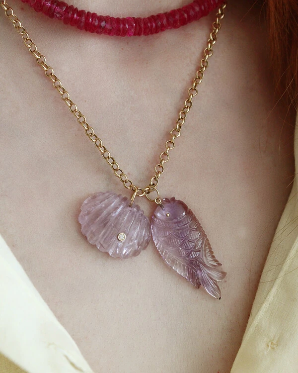 Pingente Concha Ametista e Diamante | Ouro Amarelo 18k