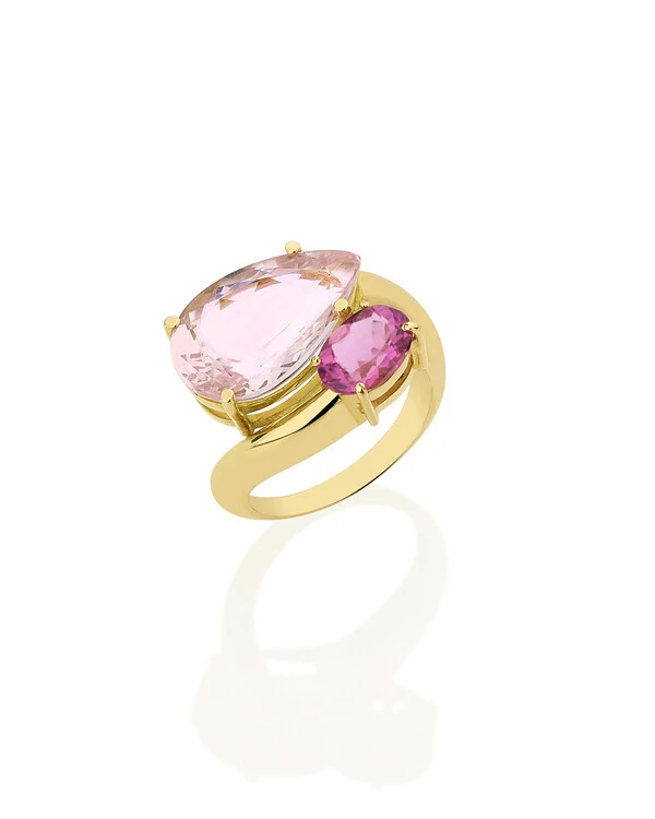Anel Morganita e Turmalina Rosa | Ouro Amarelo 18k