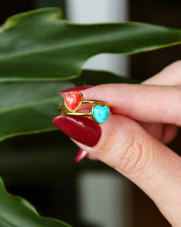 Anel Coração Madrepérola Vermelho Cabochão | Ouro Amarelo 18K