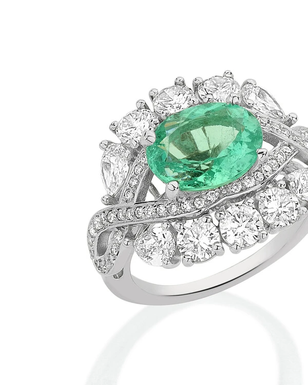 Anel Esmeralda e Diamante | Ouro Branco 18k