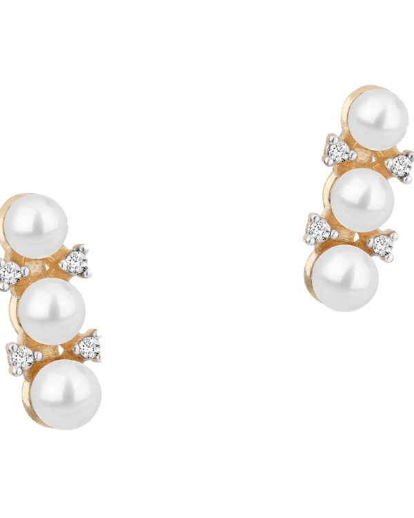 Brinco Mini Ear Cuff Pérola e Diamante | Ouro Amarelo 18K