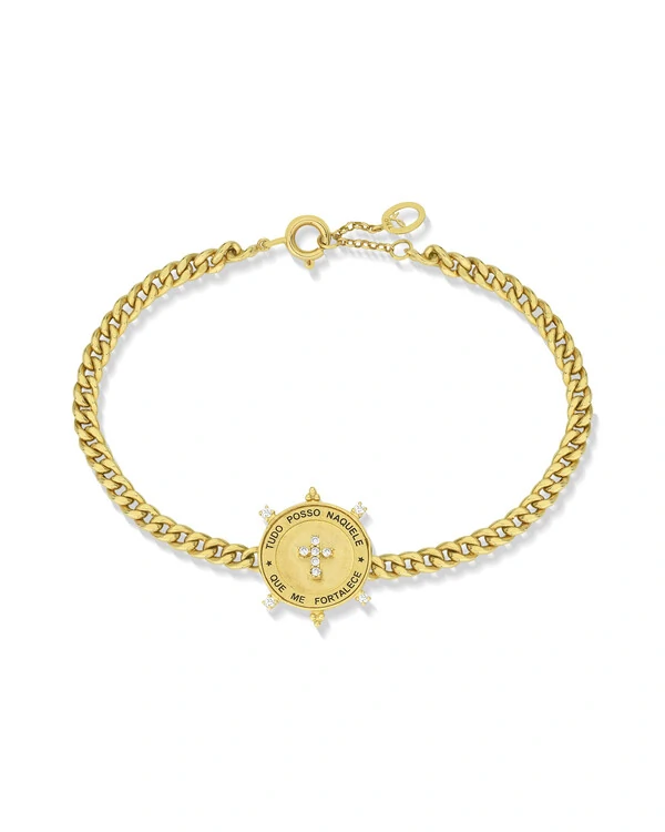 Pulseira Cruz Diamante Tudo Posso Naquele Que Me Fortalece | Ouro Amarelo 18K