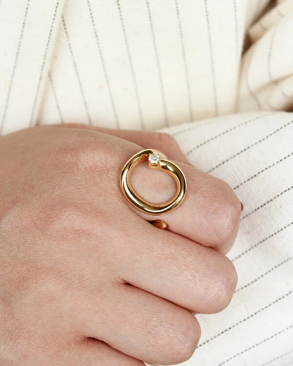 Anel Aberto Oval Diamante | Ouro Amarelo 18k