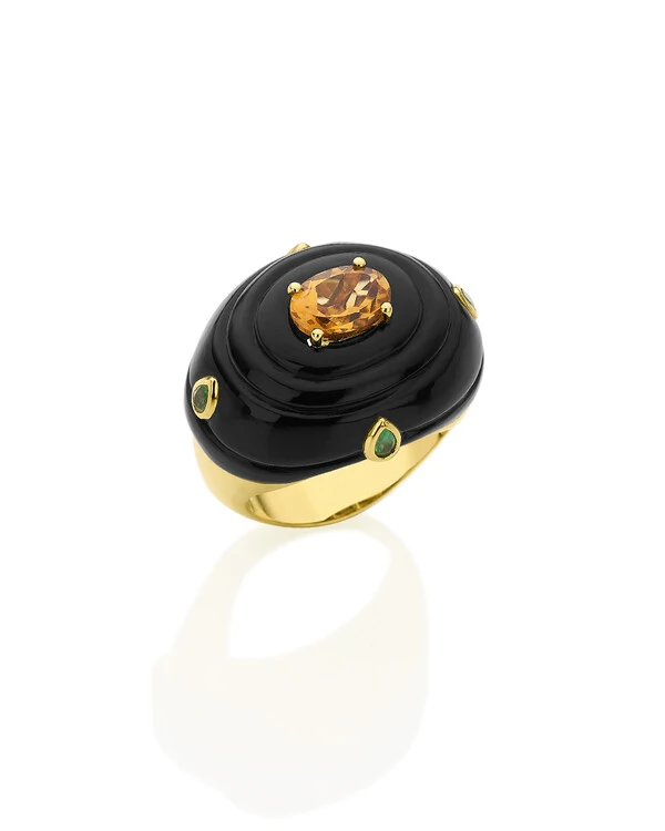 Anel Onix, Citrino e Esmeralda | Ouro Amarelo 18k