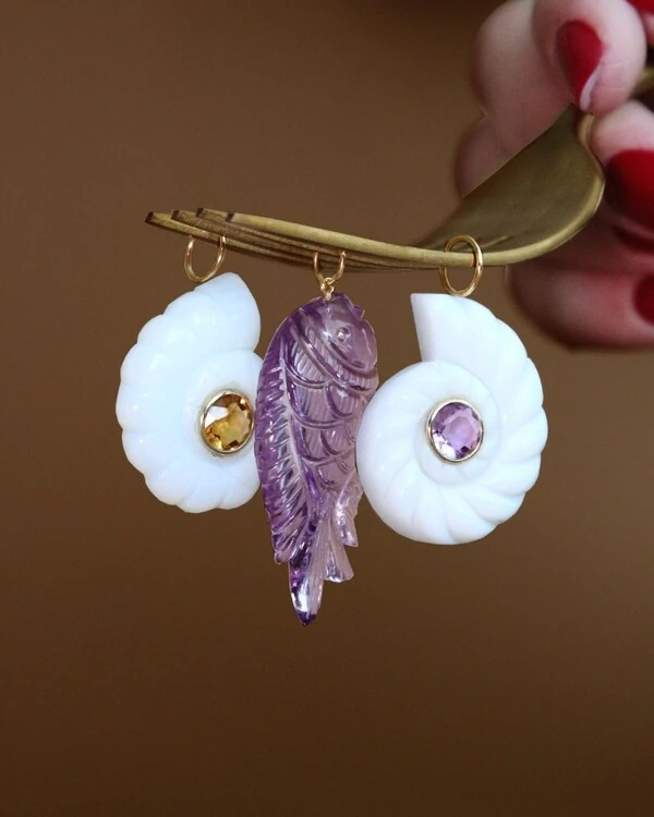 Pingente Concha Caracol Madrepérola e Ametista | Ouro Amarelo 18k