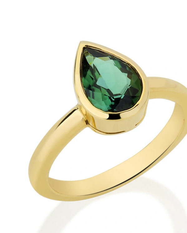 Anel Gota Turmalina Verde Cravação Inglesa | Ouro Amarelo 18K