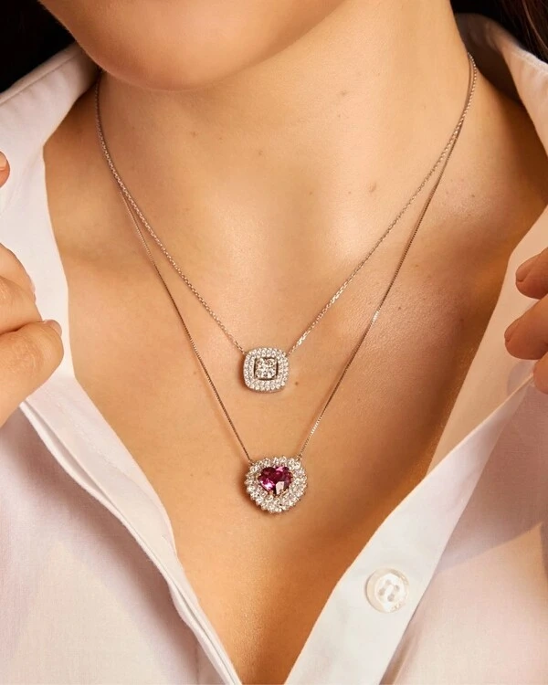 Colar Coração Rubelita e Diamante | Ouro Branco 18k