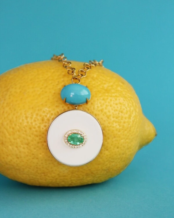 Colar Placa Turquesa e Esmeralda | Ouro Amarelo 18k