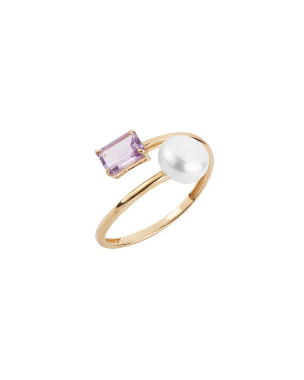 Anel Aberto Pérola Ametista | Ouro Amarelo 18K