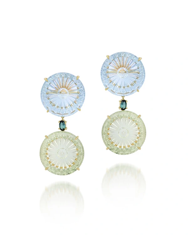 Brinco Topázio Azul, Praziolita e Turmalina Verde | Ouro Amarelo 18k