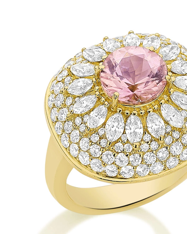 Anel Turmalina Rosa e Diamante | Ouro Amarelo 18k