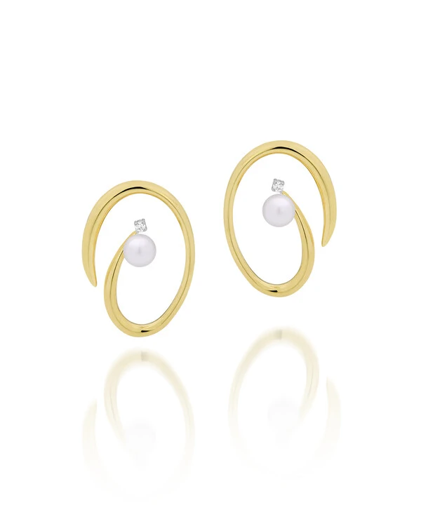 Brinco Espiral Pérola e Diamante | Ouro Amarelo 18k