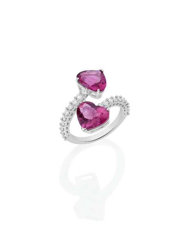 Anel Dois Corações Rubelita e Diamante | Ouro Branco 18k