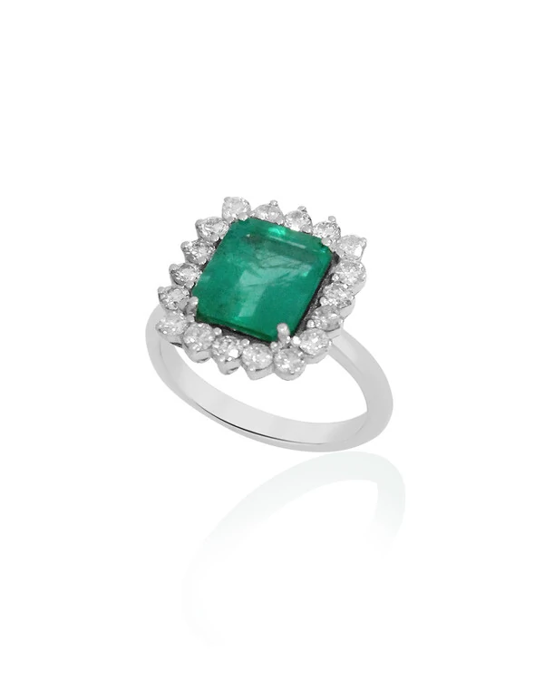 Anel Esmeralda Retangular Diamante | Ouro Branco 18k