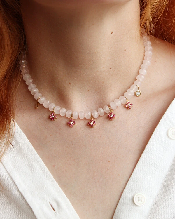 Colar Quartzo Rosa e Flores Turmalina Rosa | Ouro Amarelo 18K