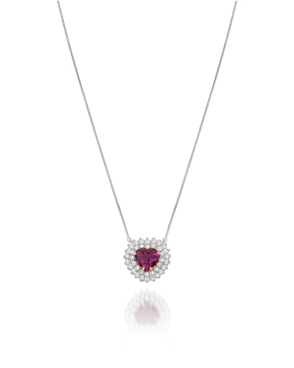 Colar Coração Rubelita e Diamante | Ouro Branco 18k