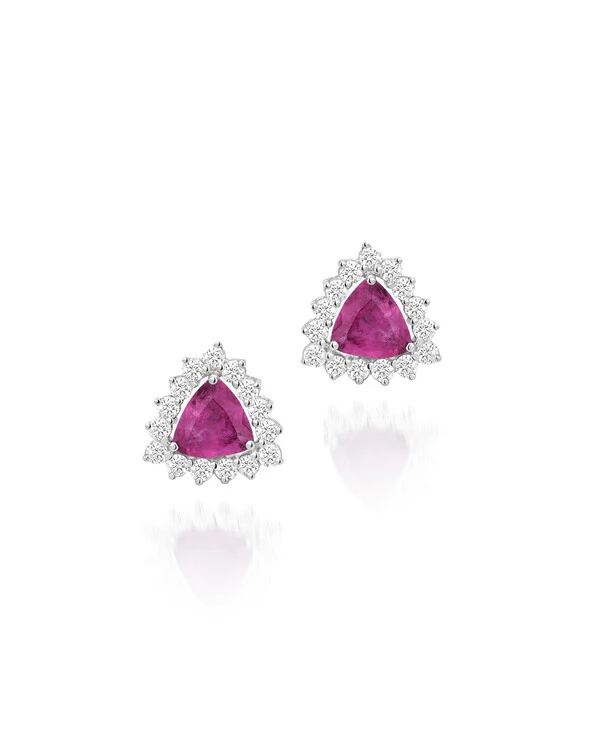 Brinco Rubelita Trillion e Diamante | Ouro Branco 18k