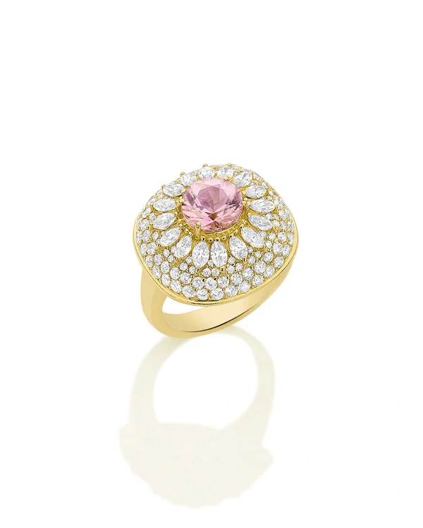 Anel Turmalina Rosa e Diamante | Ouro Amarelo 18k