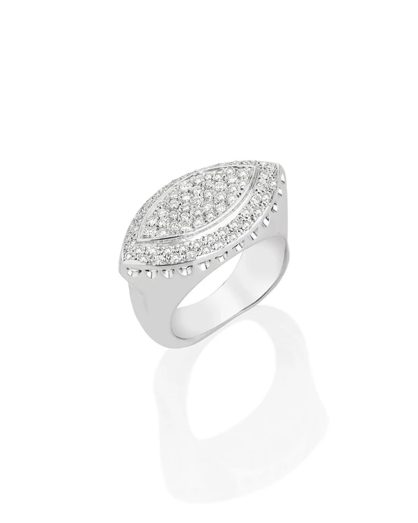 Anel Navete Diamante Pavê | Ouro Branco 18k