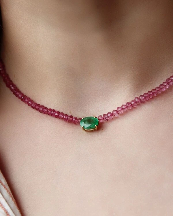 Colar Quartzo Rosa e Esmeralda | Ouro Amarelo 18K