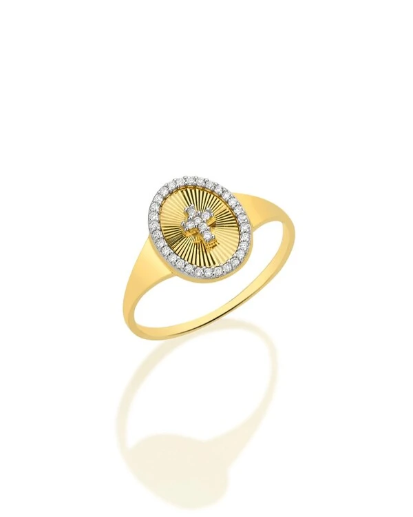 Anel Oval Cruz e Diamante | Ouro Amarelo 18k
