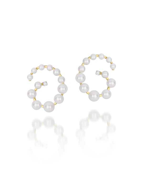 Brinco Espiral Pérola e Diamante | Ouro Amarelo 18k