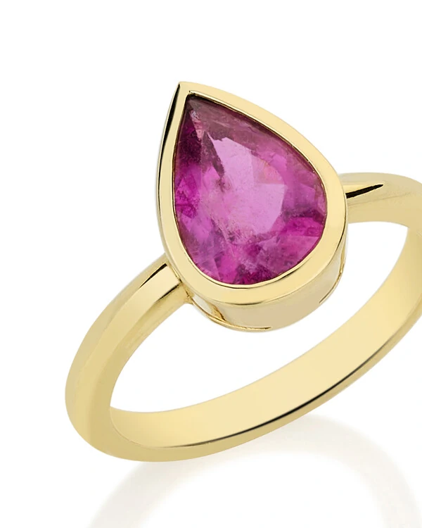 Anel Gota Turmalina Rosa Cravação Inglesa | Ouro Amarelo 18K