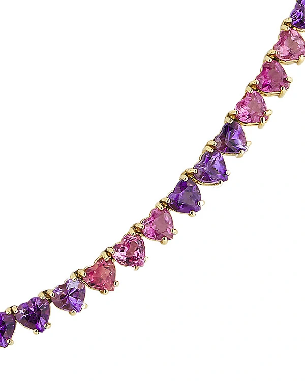 Colar Riviera Corações Ametista e Turmalina Rosa | Ouro Amarelo 18k