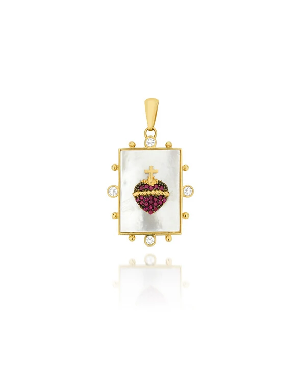 Pingente Sagrado Coração Madrepérola Rubi e Safira | Ouro Amarelo 18K